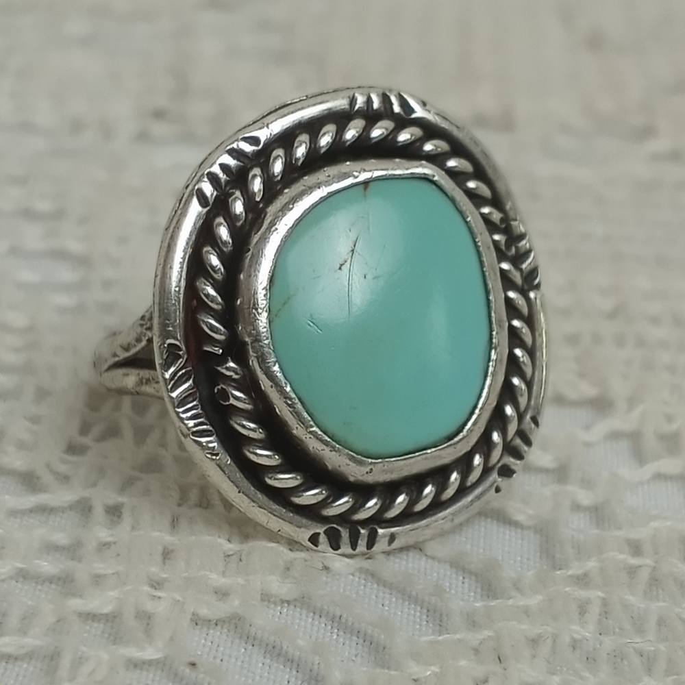 Vintage 1970s Natural Turquoise Ring Sterling Silver 925 Bezel Set Handmade